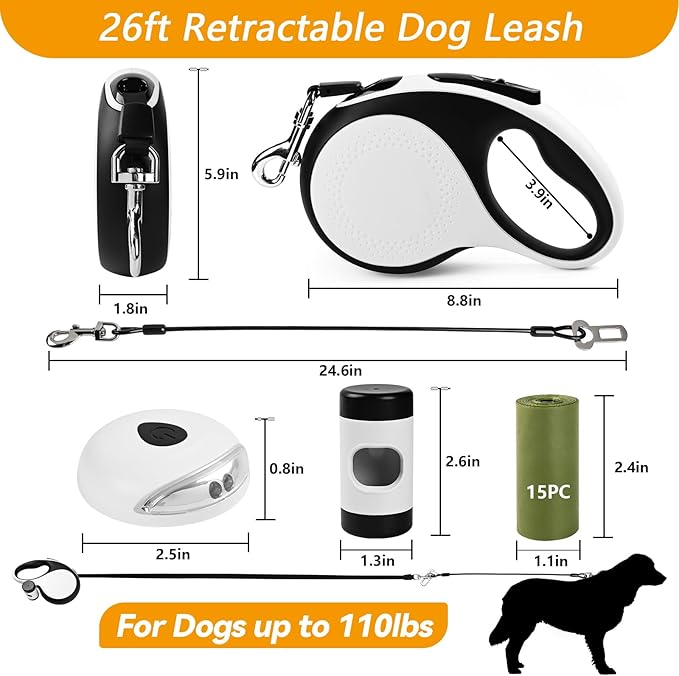 Heavy Duty Retractable Dog Leash for Large Dogs, 26ft Dog Leash with Poop Bag Holder, Up to 110lbs, chew Proof Cable, LED Light, 360° No-Tangle, One-Handed Pause & Locked (White, L 26ft)