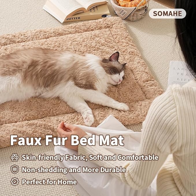 SOMAHE Self Warming Cat Bed Mat, Washable Self Heating Cat Mat, Extra Warm Thermal Pet Pad with Non-Slip Bottom, Soft Plush Faux Fur for Indoor Pet Sleep Cushion, 23x15 Inch Latte
