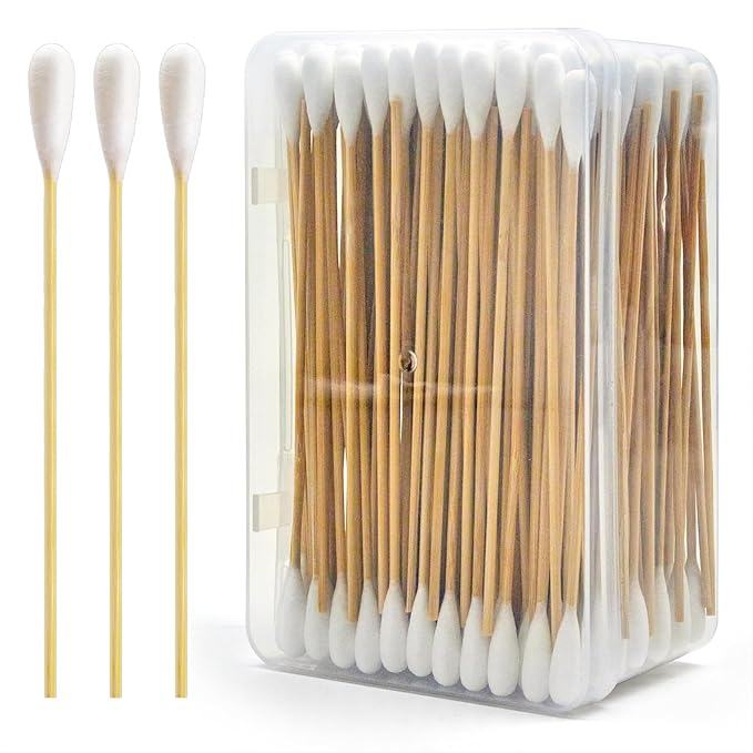 200PCS 6" Cotton Swabs Large in Storage Box - Long Cotton Swab with Bamboo Handle - Soft, Lint Free, Highly Absorbent Single Tipped Applicators for Dog Care, Makeup & Home Cleaning