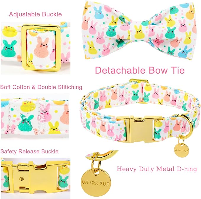 Easter Dog Collar with Bow Tie, Cotton Bunny Bowtie for Large Girl Boy Dog, Cute Rabbit Pet Collar with Metal Buckle, Gift, L
