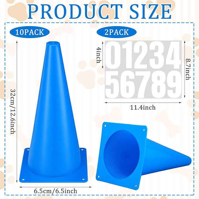 12 Inch Dog Agility Hurdle Cone Set with 10 Blue Training Cones 2 Number Stickers Distance Adjustable Dog Agility Course Backyard Equipment for Pet Obstacle Course for Obedience Rehabilitation Starter