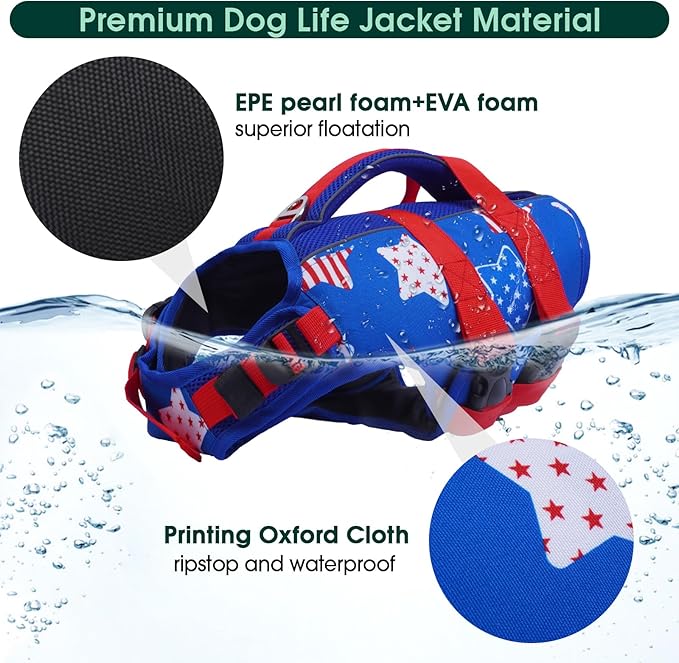 Kuoser Dog Life Jacket High Flotation, American Flag Dogs Life Vest for Swim Boating, Independence Day dog lifejacket with Reflective & Rescue Handle, Adjustable Doggy Life Preserver for Large Dogs, L