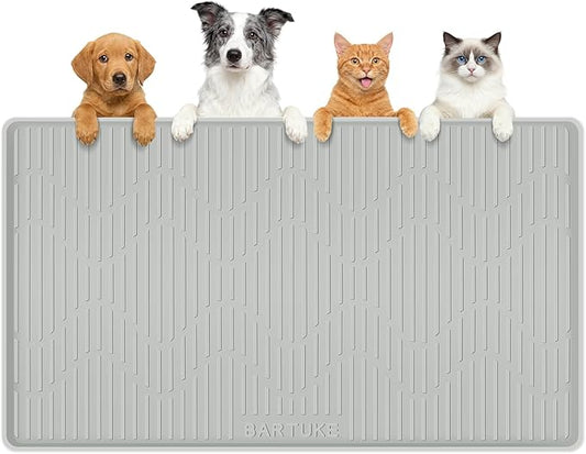 Silicone Cat & Dog Food Mat, 36" x 24" Large Pet Feeding Mat for Cats and Dogs Bowl, Pet Placemat for Food and Water with Raised Edge, Waterproof, Leakproof (Grey)