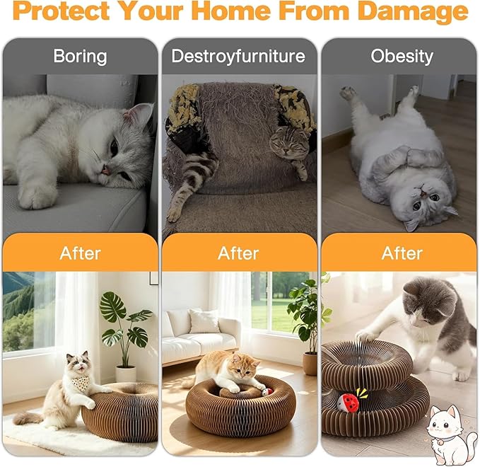 Magic Organ Cat Scratcher Boards with 2 Balls & 1 Interactive Cat Feather Toy, Foldable Recyclable Accordion Cats Toy with Ball and Track Adventure, Cat Scratching Pad