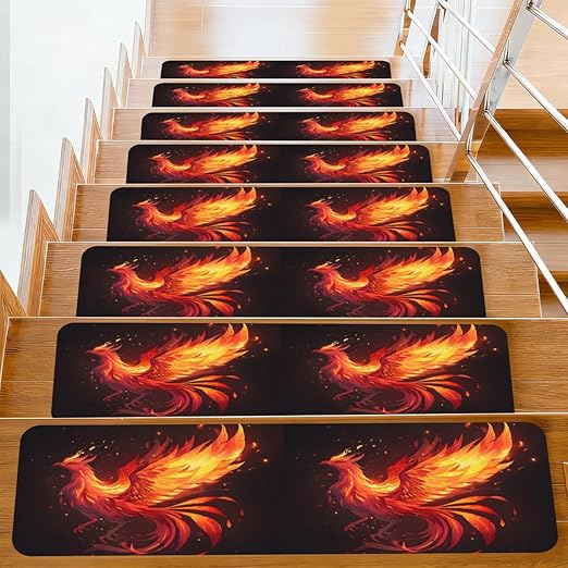 Animal Abstract Fire Stair Treads for Wooden Steps Indoor Washable Staircase Carpet 15PCS 30"x7.8" Stair Step Treads Non-Slip Staircase Covers Peel and Stick Safety Mat for Kids Elders Pets