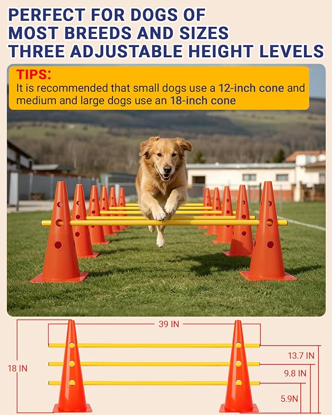 Dog Agility Course Backyard Set, Dog Agility Hurdle Cone Set with Height Adjustable Crossbar for Rehabilitation & Beginners, Dog Agility Equipment for Dog Obstacle Course - 18 Inch Orange