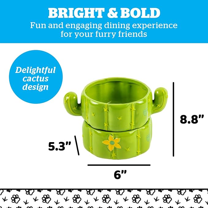 Cactus Pet Bowl, Cute Ceramic Food & Water Bowl Set for Cats & Dogs with Removable, Dishwasher-Safe Stainless Steel Insert, Set of 2