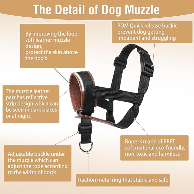 Dog Muzzle,Adjustable Loop Pets Muzzle Soft Leather Protect Skin Puppy Muzzles Prevent Biting Chewing Barking Allow Panting Drinking,Not Include Dog Collar (Brown, Small)