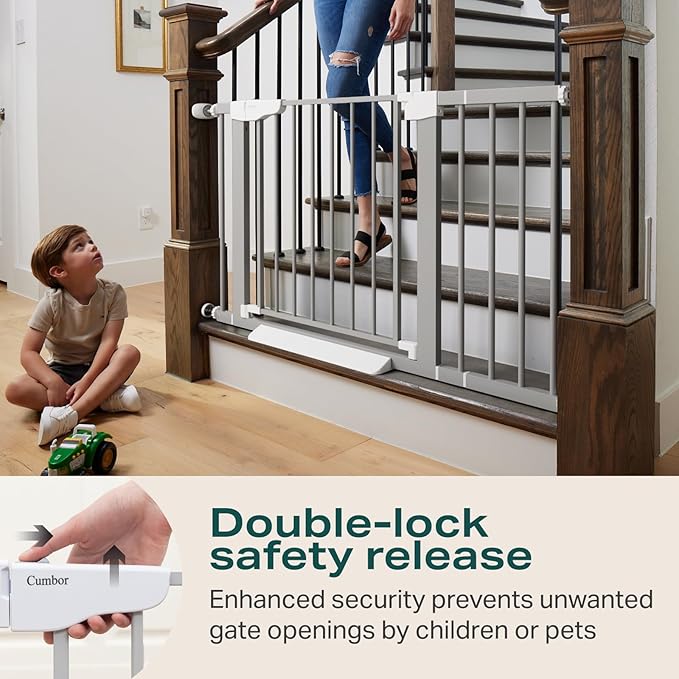 Cumbor 30-46" Baby Gate for Stairs, Gifts for Mom-Auto Close Dog Gate for The House, Easy Install Pressure Mounted Pet Gates for Doorways, Easy Walk Thru Wide Safety Gate for Dog, Gray