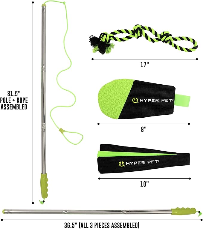 Hyper Pet Flirt Pole, Interactive Training Dog Toy, 36.5" Metal Pole with 45” Rope, 3 Toy Attachments and Replacement Rope, for All Breed Sizes