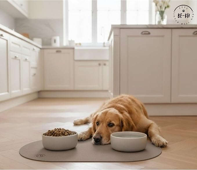 BE-KH Absorbent Pet Feeding Mat for Dogs & Cats, Quick Dry Dog Bowl Mat for Food and Water, Ultra-Thin, Non-Slip Rubber & Polyester, Waterproof & Machine Washable, Sandy Nest, 24x16 in (60x40 cm)