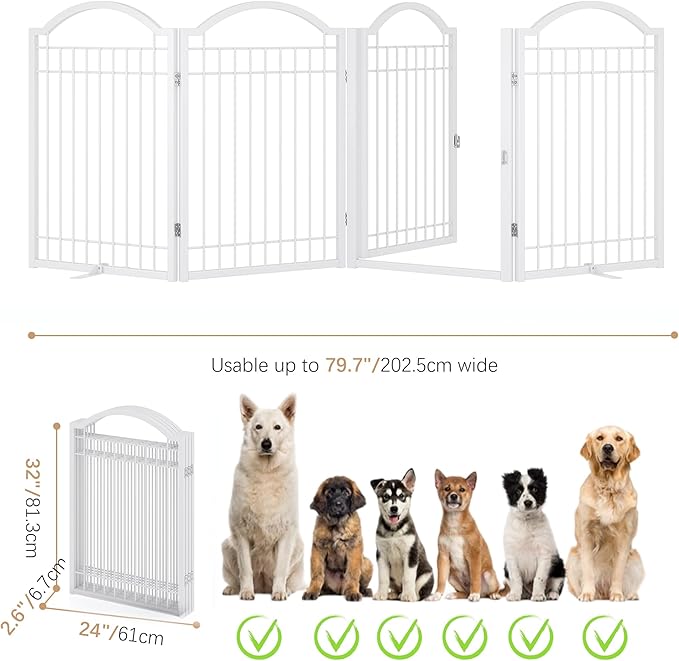 BHG Metal No-Assembly Freestanding Dog Gate with Door Walk Through, Extra Wide 96", Extra Tall 32" Pet Gate, Accordion Puppy Folding Playpen Dog Fence, with 2PCS Support (White, 4 Panels)