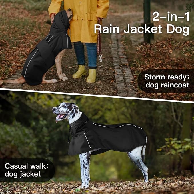 Waterproof Dog Raincoat, Windproof Rain Jacket for Large Dogs with Reflective Strips, Convertible Hood/Collar Poncho with Leash Hole Full Body Protection (Black, XXL)