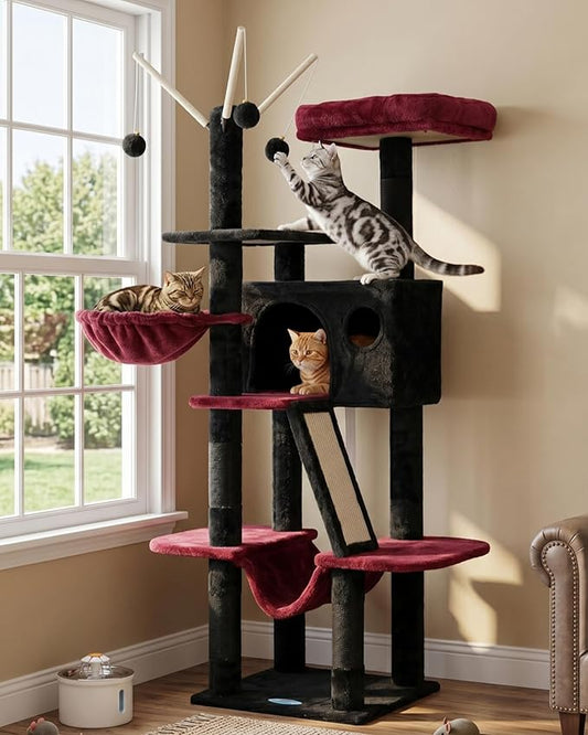 Hey-brother Gothic Cat Tree, 53 inch Cat Tower for Indoor Cats, Cat House with Padded Platform Bed, Toy Balls, Large Cozy Condo, Hammocks and Sisal Scratching Posts, Black and Red MPJ019SBR