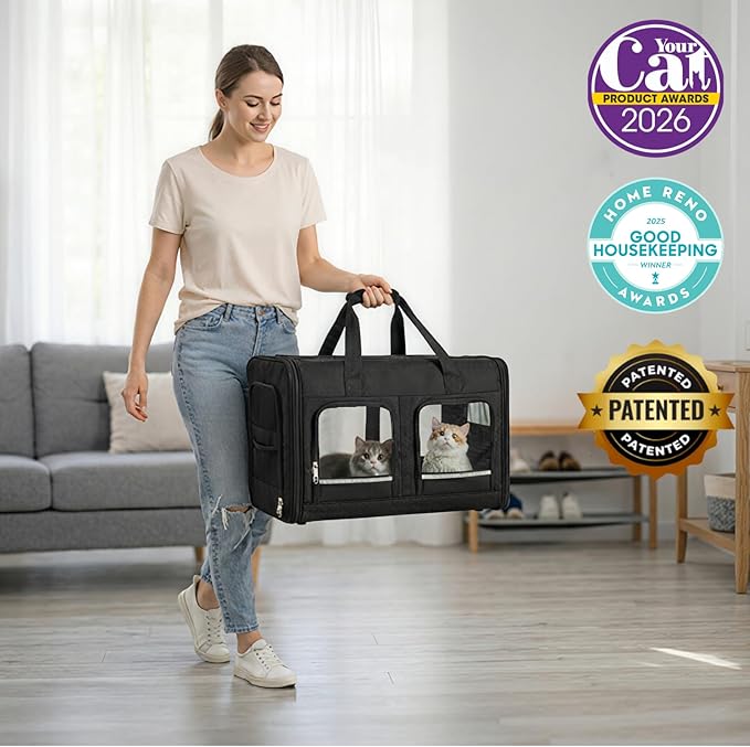 Extra Large 3-in-1 Cat Carrier for 2 Cats, with Removable Divider, Superior Ventilation, Portable Soft Sided Double Cat Carrier Large, Hair Removal Glove, 2*Bowl, Extra Side Storage Bag Included