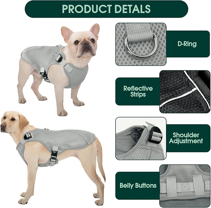 Kuoser Dog Cooling Vest for Large Dogs, Lightweight Dog Cooler Jacket Breathable Mesh Dog Cooling Shirts Reflective Dog Cooling Harness for Beach, Hiking, Walking Grey XL