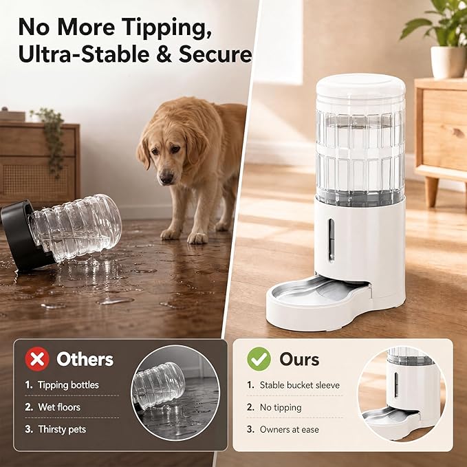 CZPET Dog Water Bowl Dispenser 9.5L, Wider Mouth & Upgraded Brush, Easy Cleaning Automatic Cat Gravity Refilling Waterer with Removable Stainless Steel Bowl, Large Drinking Area for Multi-Pet (White)