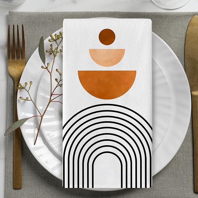Modern Geometric Kitchen Dish Towels Set of 2, Boho Abstract Sun Rainbow Drying Hand Towel Baking Cooking Cloth, Contemporary Aesthetic Minimalist Art Home Decoration 18 x 26 Inches