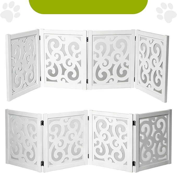 Ashfield & Harkness: 4-Panel Pet Gate - Scroll White - Wooden Foldable Freestanding Dog Fence, 80 x 23.5, Doorways-Halls-Stairs, 360 Rotated Hinges