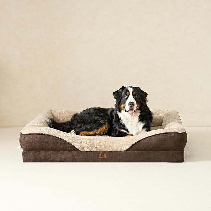 EHEYCIGA Orthopedic Dog Bed for Large Sized Dog, 36x27 Inch Large Memory Foam Dog Couch Bed with Sides, Waterproof Liner & Washable Removable Cover, Bolster Pet Sofa, Brown