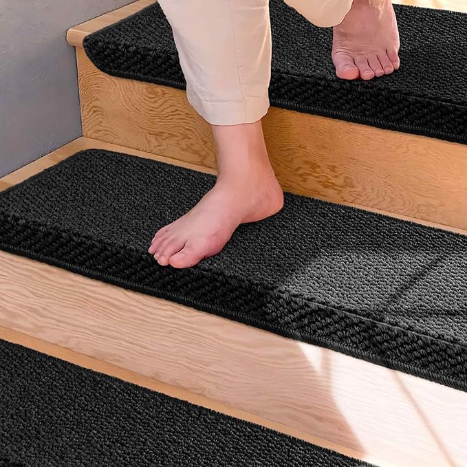 Brakki Bullnose Carpet Stair Treads, Non-Slip Treads for Wooden Steps Indoor, Soft Stair Rugs for Pets, Edging Protectors, Washable, 29.5"x9.5"x1.5" 7pcs, Black
