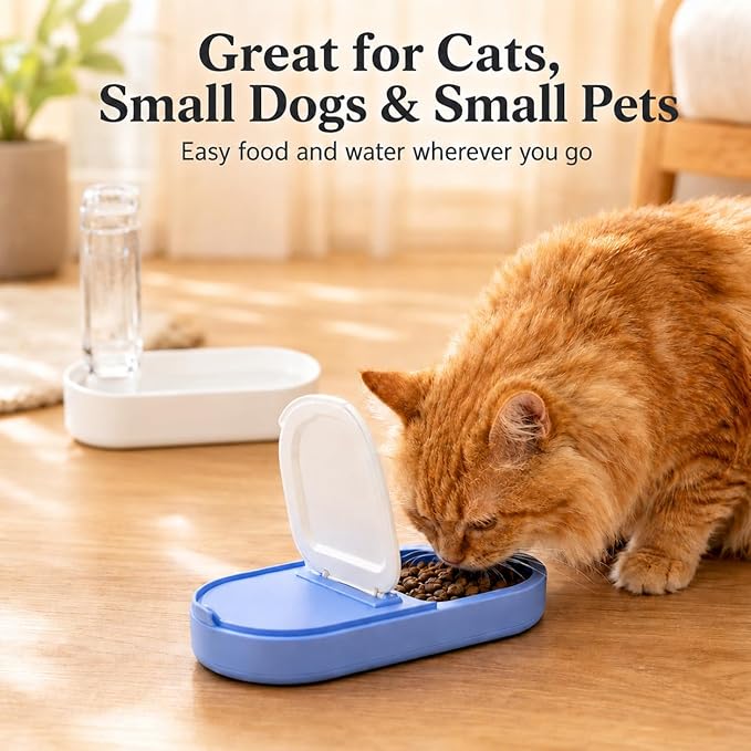 Portable Pet Bowl with Water Bottle and Food Container | Leak-Proof Collapsible Dog Cat Travel Feeder for Outdoor Adventures, Hiking, and Camping (Blue)