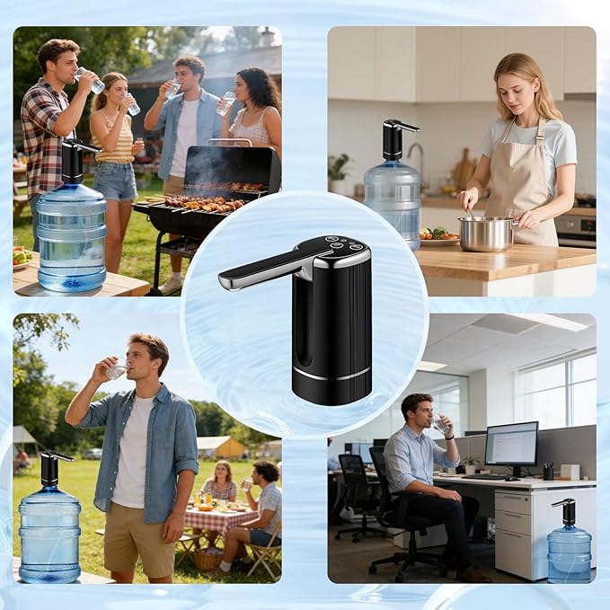 Water Dispenser Pump for 2-5 Gallon Water Bottles, USB Type-C Rechargeable with 1200mAh Battery, Foldable Spout, One-Touch Control (40s/80s), Powerful Suction for Home, Office, Camping - Black