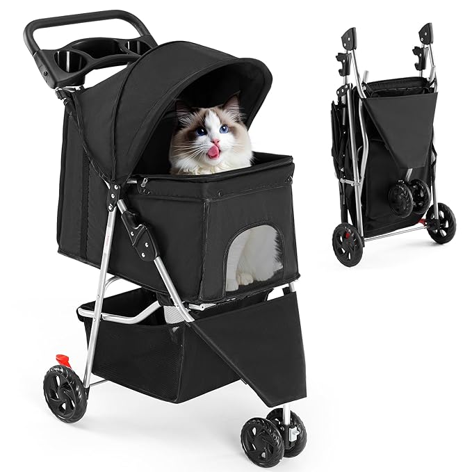 NEWBULIG 3 Wheel Pet Stroller for Dogs and Cats, Foldable, Lightweight and Durable for Small to Medium Pets, Includes Storage Basket and Cup Holders