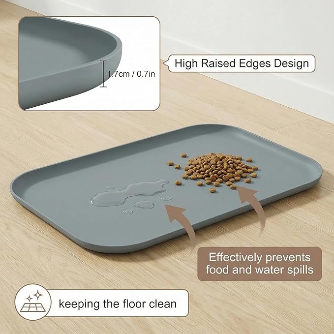BLESWIN Waterproof Silicone Pet Feeding Mat Grey with Raised Edge,24" x 16"Non-Skid Spill Proof Dog Bowl Mats, Easy Clean Cat Bowls Placemat for Cats and Dogs