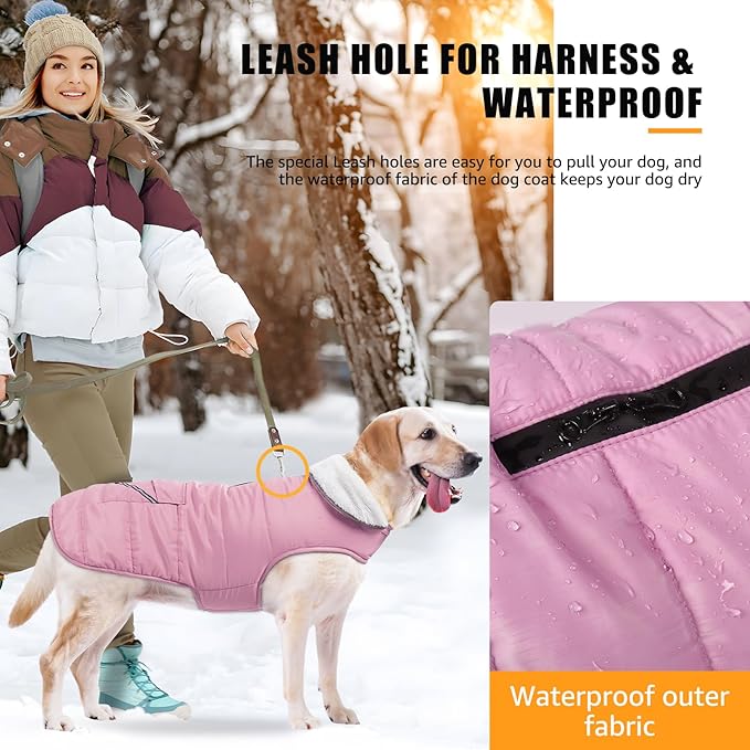 Dog Winter Jacket for X-Large Dogs, Easy on Dog Fleece Snow Coat Velcro Waterproof Pet Puffer Coat with Harness Hole Adjustable Reflective Quilted Pet Cold Weather Vest for Girl Female