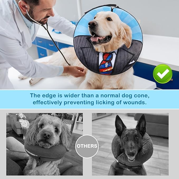 SCENEREAL Dog Cone Alternative After Surgery Donut Collar, Soft Pet Recovery Pillow Collar for Medium Large Dogs, Inflatable Adjustable Neck Collars to Prevent Licking, Black Suit S