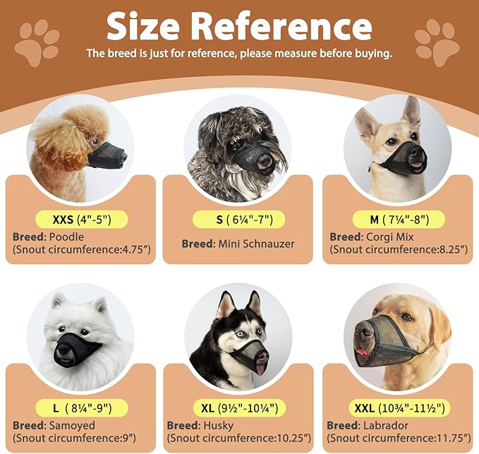 LUCKYPAW Dog Muzzle Suits for Small Medium Large Dogs, Mesh Muzzle Anti Biting Chewing, Breathable Mouth Cover Set with Adjustable Strap for Grooming Vet Visiting Training (7 PCS(XXS-XXL), Beige)