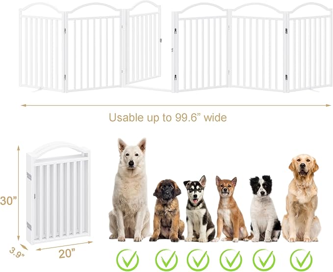 BHG Metal No-Assembly Freestanding Dog Gate with Door Walk Through, Extra Wide 120", Extra Tall 30" Pet Gate, Accordion Puppy Folding Playpen Dog Fence for Indoor & Outdoor, with 2PCS Support