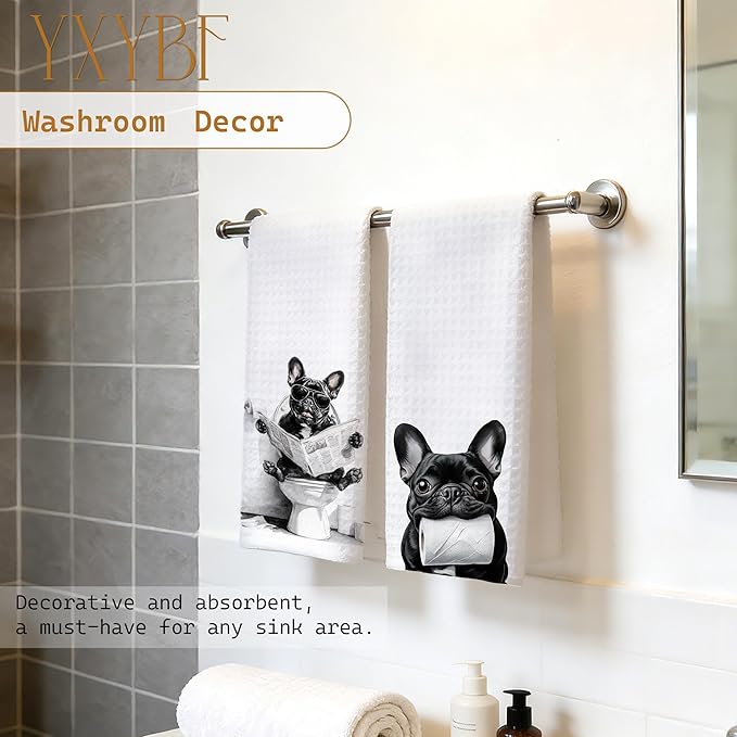 Funny French Bulldog Hand Towels for Bathroom Washroom Decor 16x24 Inches, Frenchie Gifts for Women Men, Funny Frenchie Dog Bathroom Towels Decorative, Set of 2