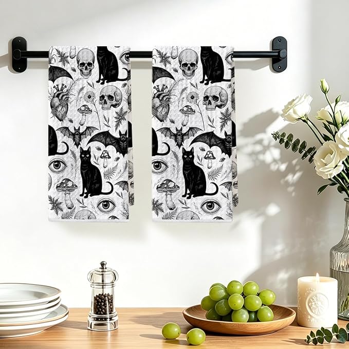 2Pcs Skeleton Cat Kitchen Towels, Mushroom Durable Microfiber Tea Towels for Kitchen Home Bathroom Farmhouse Decor, Eyes Bat Waffle Weave Dish Drying Towel, Cat Gifts for Women Friend, 24x14 Inch