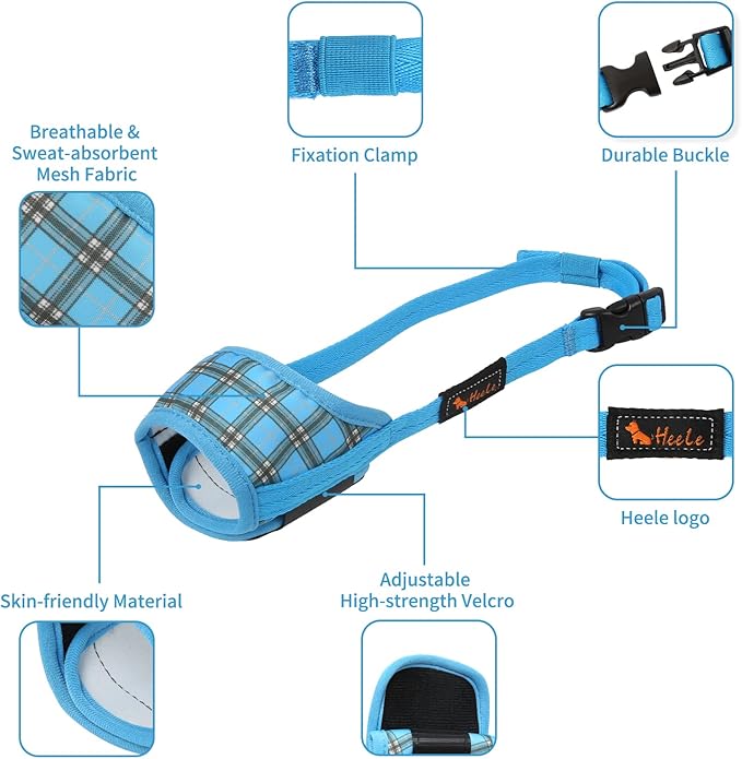 HEELE Dog Muzzle,Soft Nylon Muzzle Anti Biting Barking Chewing,Air Mesh Breathable Drinkable Adjustable Loop Pets Muzzle for Small Medium Large Dogs 4 Colors 4 Sizes (P-Blue Plaid, L)