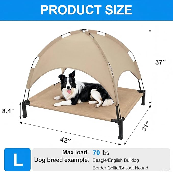 Elevated Dog Bed with Canopy Raised Pet Cot for Large Dogs, Outdoor Dog Cot with Removable Sun Shade Tent, Breathable Mesh Portable Dogs Cot for Camping, Beach, Backyard, Outdoor Use