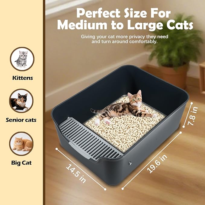 Large Cat Litter Box with High Sides,Cat Boxes for Indoor Cats,Cat Litter Pan for Kitty,Litter Box with Low Entry,Easy to Clean,Anti-Splashing (Dark Grey)