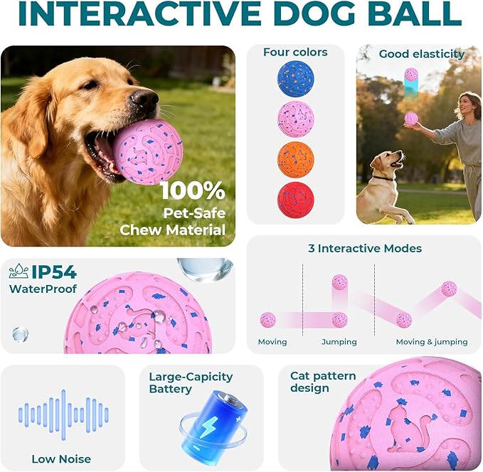 KITPLUS Smart Interactive Dog Toy Ball - Automatic Moving, Bouncing & Rolling, 3 Play Modes, Chew-Proof E-TPU, Waterproof, USB Rechargeable, Active Pet Ball for Medium & Large Dogs, Pink