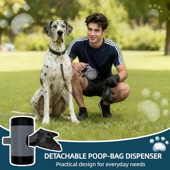26ft Retractable Dog Leash for Large Dogs with Poop Bag Holder,Heavy Duty Retractable Dog Leash with Chew Proof Extender,One-Hand Lock System,Impact-Resistant,Up to 110 lbs (Grey)