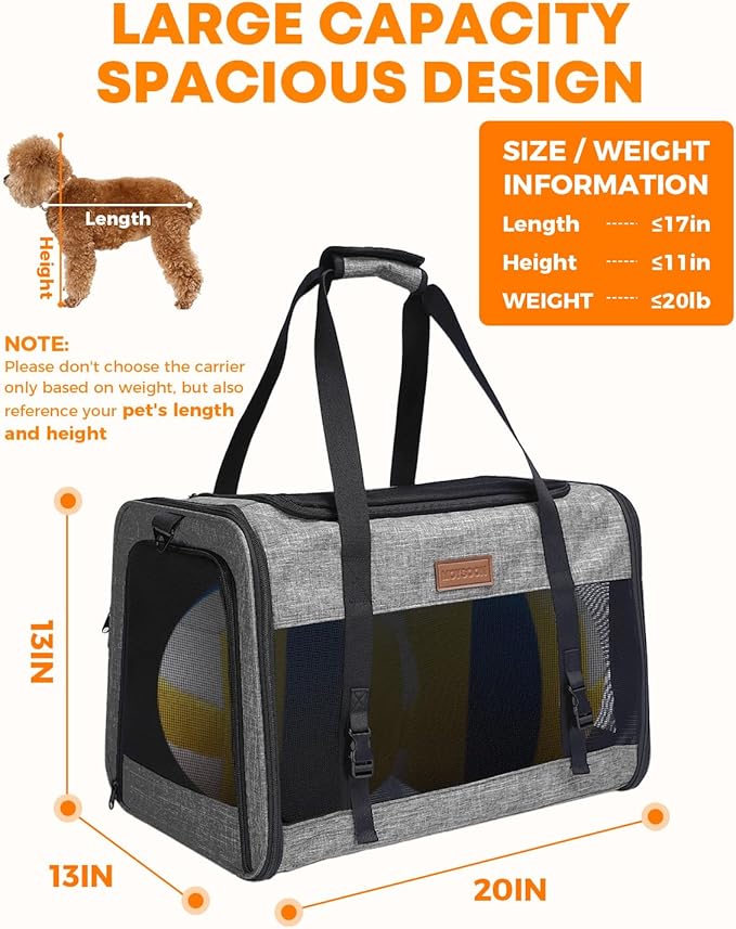 Large Cat Dog Carrier for Pet Up to 20 Lb - 20×13×13 in, Top & Side Entry, Foldable, Soft-Sided Pet Carrier with Ventilated Anti-Scratch Mesh & Car Seat Buckle for Car, Travel and Vet – Grey