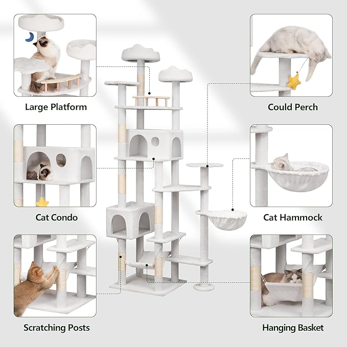 Meecal 79in Tall Cat Tower for Heavy Duty Big Cats, Large Cat Tree with Scratching Post, Plush Perches, Cozy Cat Condos & Hanging Hammocks for Maine Coon, White