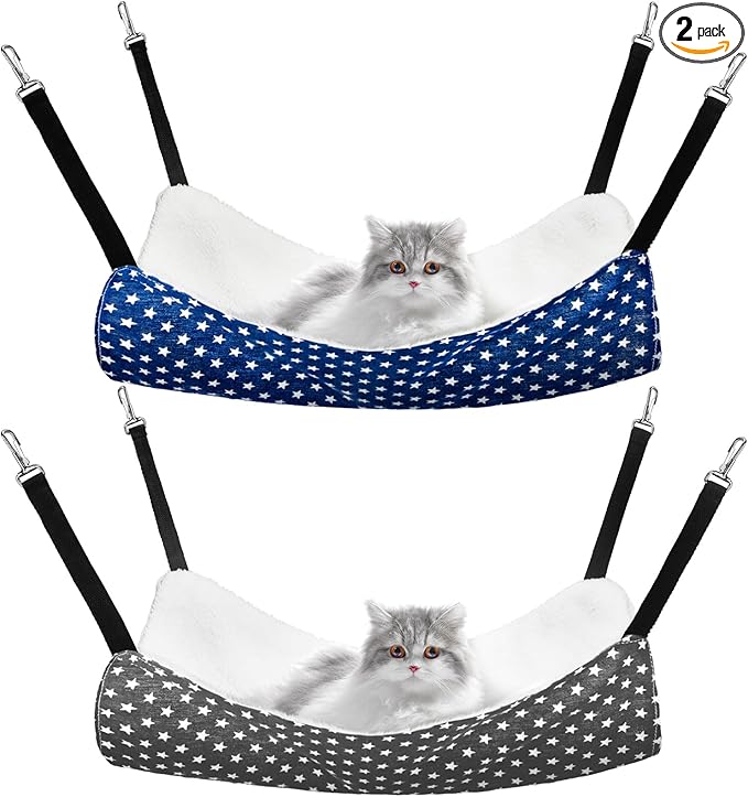 Jetec 2 Pack Cat Hammock for Cage, Catio Accessories Reversible Soft Cats Bed with Adjustable Straps and Hooks Double-Sided Linen and Fleece Hanging Hammock for Cats, Kitten(Pentagram,M)