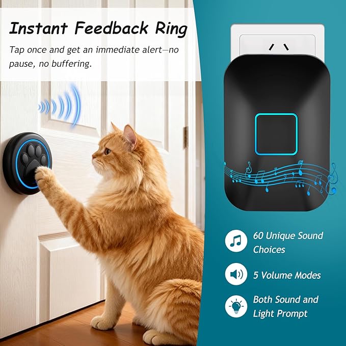 Halo Paw Smart Dog Door Bell – Touch-to-Ring BK Dog Bells to Go Outside, LED Light Wireless Dog Buttons & Dog Clicker for Communication, Waterproof Bell for Dogs to Ring to Go Potty(2 Chimes & 1 Bell)
