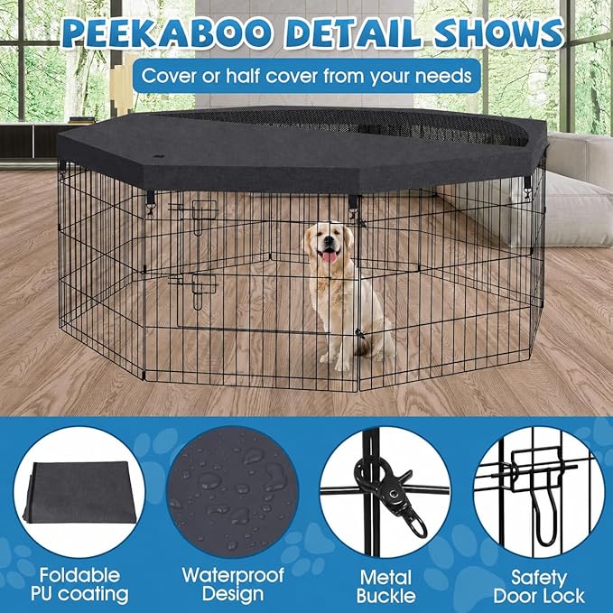 Dog Pen Pet Playpen Dog Fence Indoor Foldable Metal Wire Exercise Puppy Play Yard Pet Enclosure Indoor Outdoor 8 Panels 24 Inch with Bottom Pad/Top Cover (Black with top Cover)