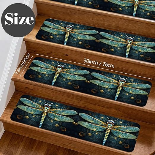 Animal Ethnic Dragonfly Stair Treads for Wooden Steps Indoor Washable Staircase Carpet 10PCS 30"x7.8" Stair Step Treads Non-Slip Staircase Covers Peel and Stick Safety Mat for Kids Elders Pets