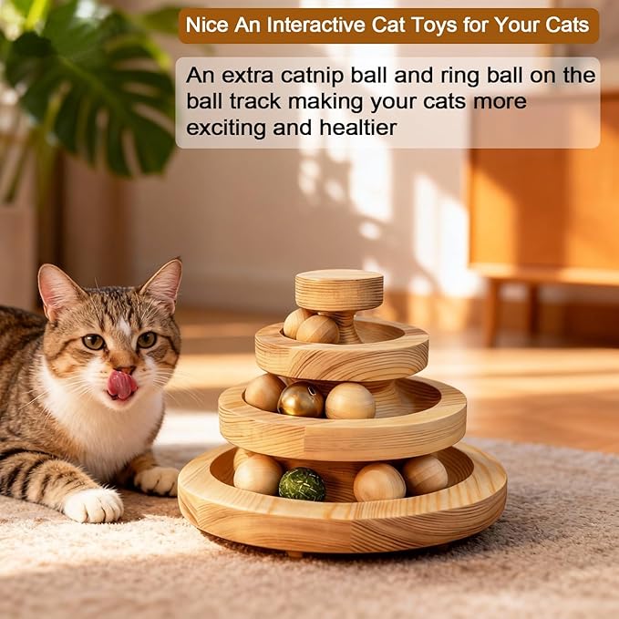 Solid Wood Cat Ball Track,Heavy Duty 3-Tier Interactive Cat Toy Tower with 9 Removable Balls,Bell & Catnip,No Assembly Required,Anti-Tip Sturdy Base for Indoor Cats, Kittens & Large Cats