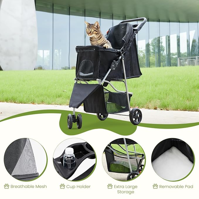 NEWBULIG 3 Wheel Pet Stroller for Dogs and Cats, Foldable, Lightweight and Durable for Small to Medium Pets, Includes Storage Basket and Cup Holders