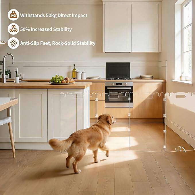 Clear Acrylic Dog Pet Gate - 99% Transparency Gentle Bond Seamlessly with Home - 32in Tall Foldable Freestanding No-Drill Tool-Free Assembly - for Small to Large Dogs Cats Indoor Stairs Doorways