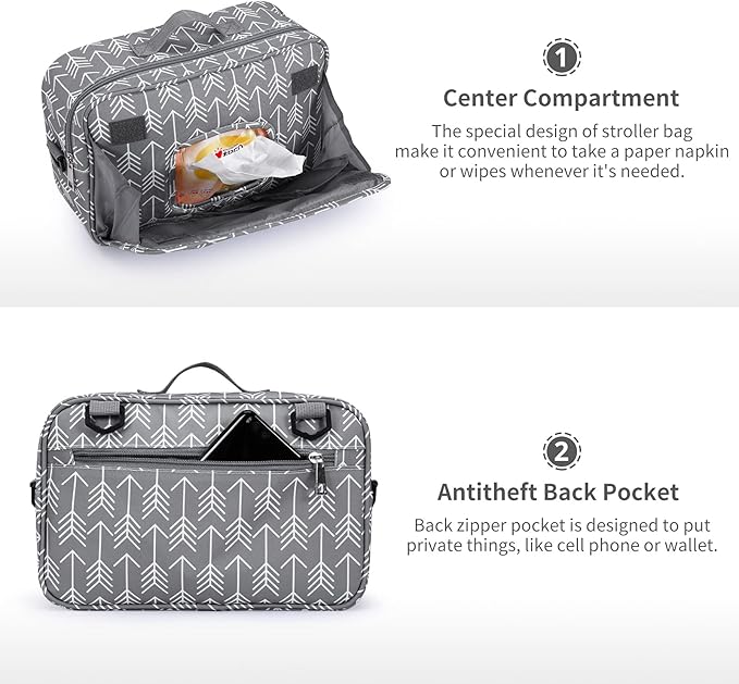 GOGOSO Universal Stroller Caddy Accessories All-in-One Baby Organizer with Insulated Pocket,Capacity for Diapers, Toys & Snacks, Dark Gray